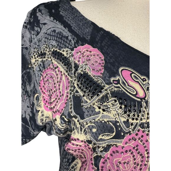 Vintage Women’s Medium Sinful Crop Top Gray Rhinestones Roses Cut Out Back Y2K - Picture 3 of 7